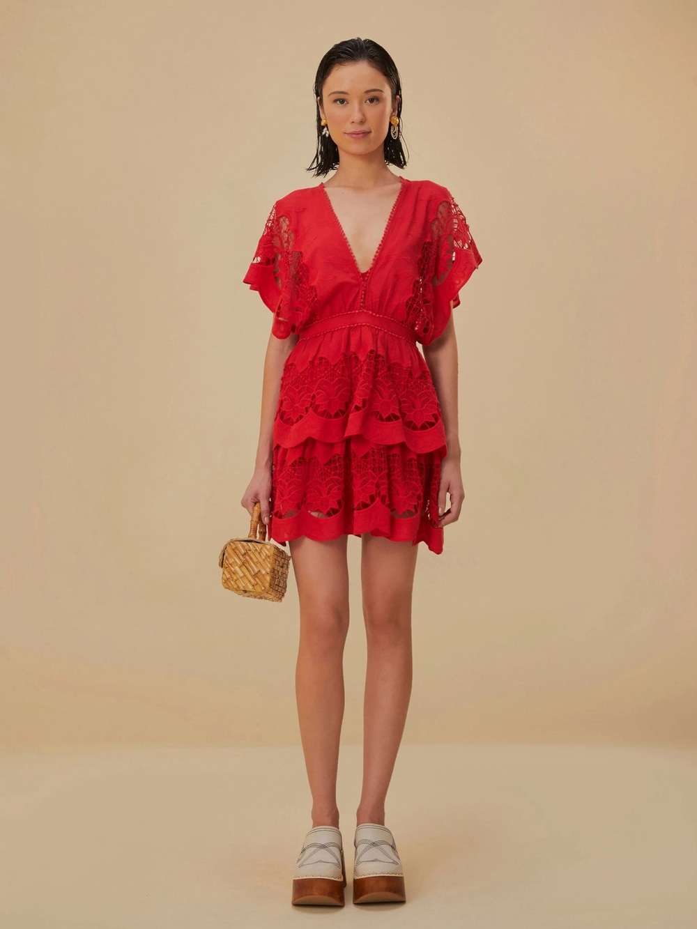FARM Rio Red Guipure Lace Cutout Mini Dress S